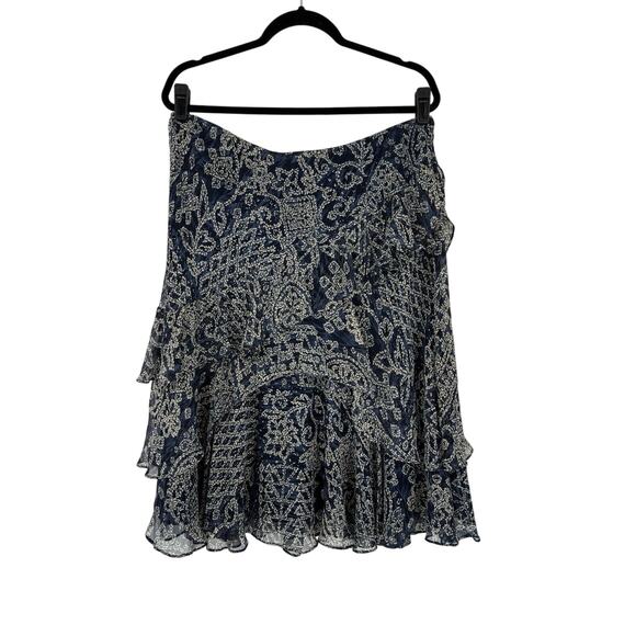 Lauren Ralph Lauren Silk Skirt Large Midi Ruffle Abstract Navy Boho Whimsigoth - Picture 1 of 7